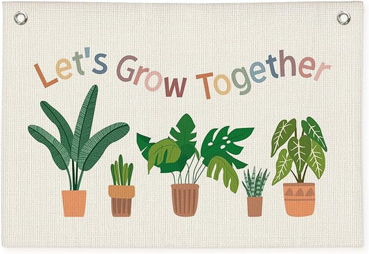 Plant Classroom Decor, Back to School Decorations, Positive Affirmations Green Wall Decor Canvas Banner, Lets Grow Together Nature Education Wall Art