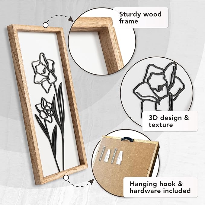 3D Black and White Wall Art (Set of 2) Lightweight, Wooden Ready-to-Hang Framed Floral Wall Art for Bathroom, Bedroom, Living Room or Office – Boho Botanical Farmhouse Decor – Gift-Boxed