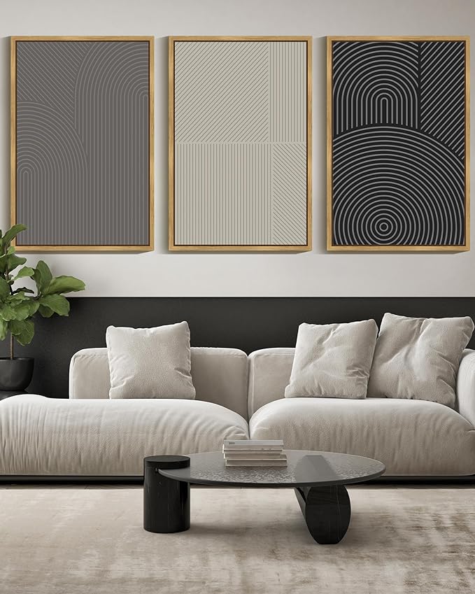 Drsoum Mid-Century Modern Framed Wall Art Large 24x36in Minimalist Abstract Boho Neutral Line Wall Decor Geometric Artwork Kitchen Dining Room Black Framed