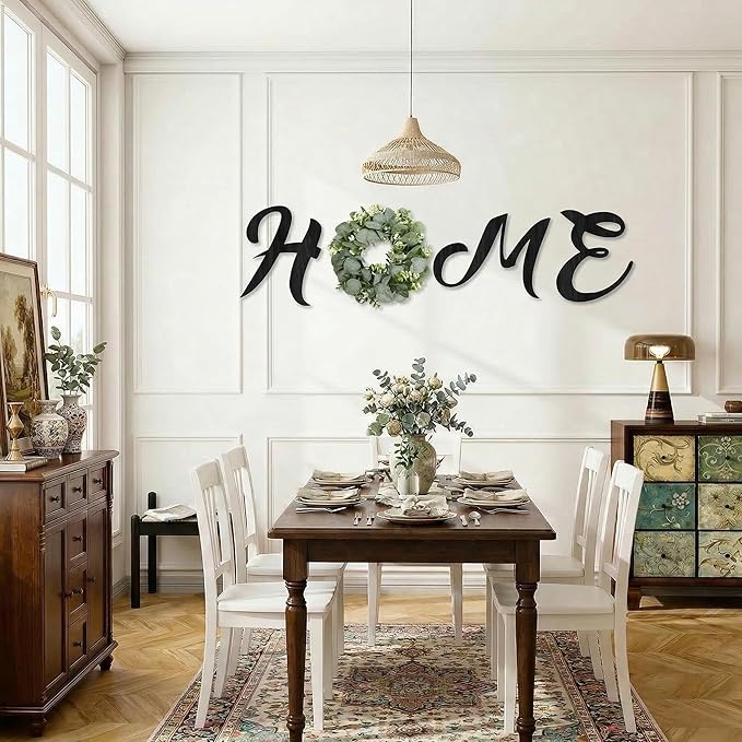Wood Home Sign with Artificial Eucalyptus Wreath for O, Hanging Farmhouse Wall House Decor Wood Letters for Wall Art Rustic Home Decor, Wall Decor for Living Room Kitchen Entryway (Black)