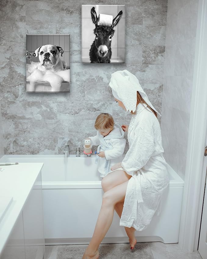 KensTro Funny Bathroom Wall Art Decor,12" x 16" Framed Canvas Bathroom Wall Art Picture,Black and White French Bulldog Dog Bathing Wall Art Animal Abstract Prints,Wall Decor for Kid's Room,1Pack Gift