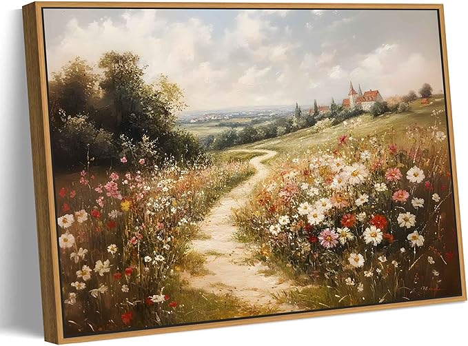 Framed Vintage Wildflower Landscape Canvas Wall Art Rustic Nature Flower painting Decor Pictures Farmhouse Nature Floral Posters Prints for Corridor Living Classroom Bedroom Decoration