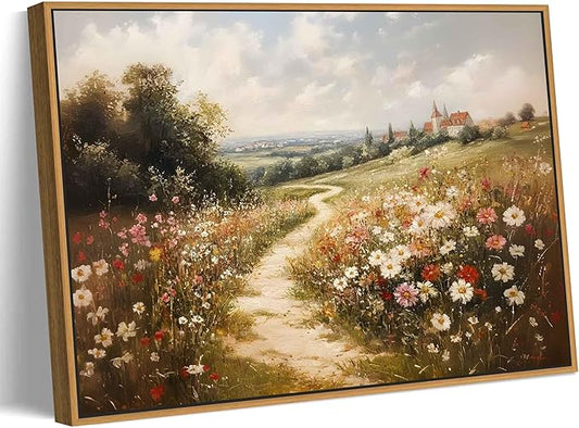 Framed Vintage Wildflower Landscape Canvas Wall Art Rustic Nature Flower painting Decor Pictures Farmhouse Nature Floral Posters Prints for Corridor Living Classroom Bedroom Decoration
