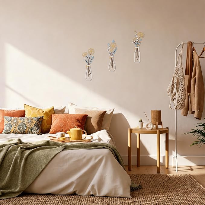 3-Piece Gold & Blue Boho Metal Flower Wall Decor- Minimalist Wire Floral Home Wall Art, Modern Wall Hanging Accents for Small Space, Hallway, Bathroom, Kitchen, Bedroom - Spring Housewarming Gifts