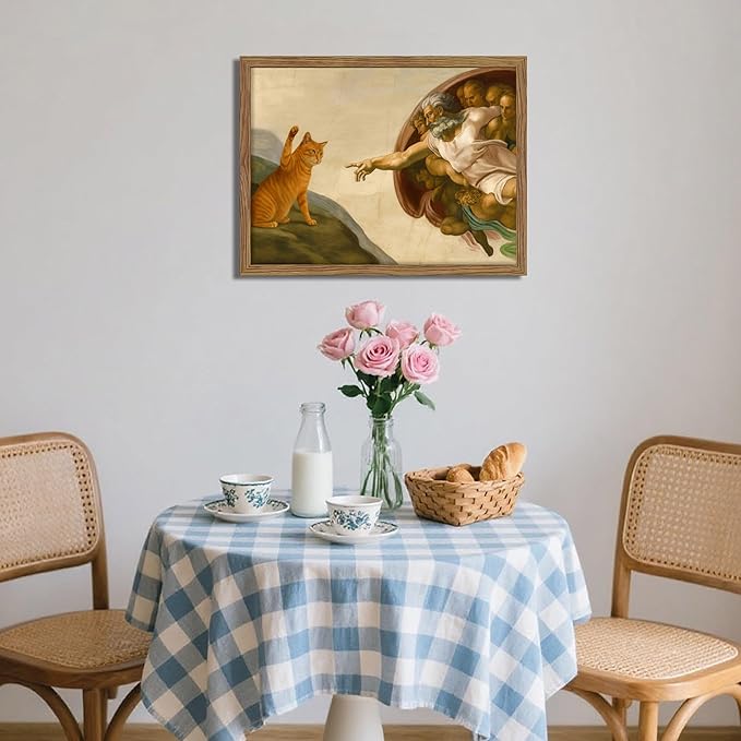 Framed Vintage Cat Canvas Wall Art, Funny Orange Cat Parody Classic Masterpiece Prints, Renaissance-Inspired Animal Artwork, Retro Humorous Wall Decor for Living Room Bedroom Playroom – 8x10 inch