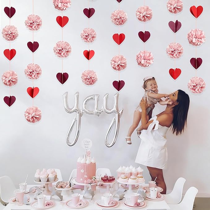 Dusty Rose Pink Party Decoration Tissue Flowers Pom Pom with Burgundy Red 3D Heart Hanging Paper Garland Banner Streamer for Valentines Day Birthday Baby Shower Wedding Bridal Shower Party Supplies
