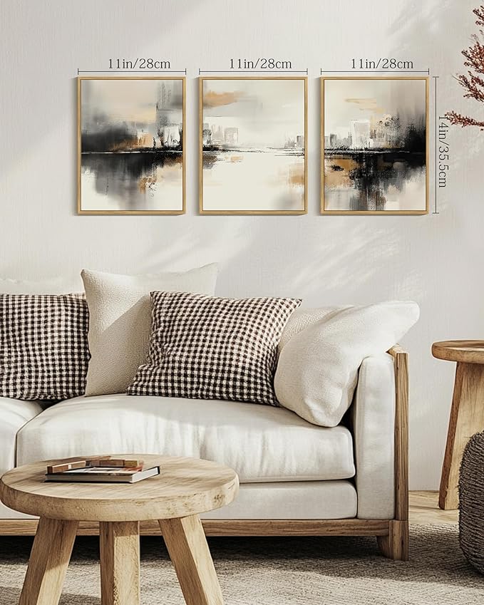 Drsoum Vintage Black Gray Abstract Wall Art Framed Brown Tan Neutral Prints Minimalist Modern Rustic Artwork Bedroom Living Room Ready to Hang 11x14in Natural Framed