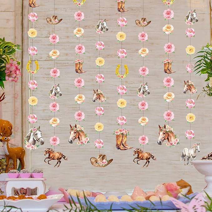 8 Pcs Cowgirl Party Decorations Pink Girl Horse First Birthday Hanging Garlands Watercolor Floral Rose Western Horse Paper Cutouts Streamers for Wild West Cowgirl Baby Shower Party Supplies
