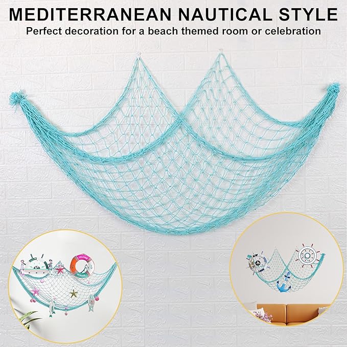2 PCS Fish Net Decorations, 80 x 40 Inch, Ocean Themed Party Decor Beach, Nautical Wall Hanging Fishing Net for Coastal Bedroom, Bathroom, or Under The Sea Party Decorations (Aqua)