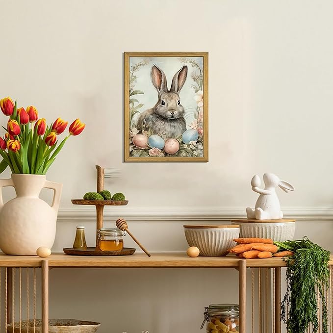 Easter Bunny Wall Art, Vintage Rabbit Canvas Wall Decor, Easter Eggs Poster Print Picture, Spring Farmhouse Animal Painting for Living Room Bedroom Kitchen Holiday Home Decor 16x24 Inch Wood Framed