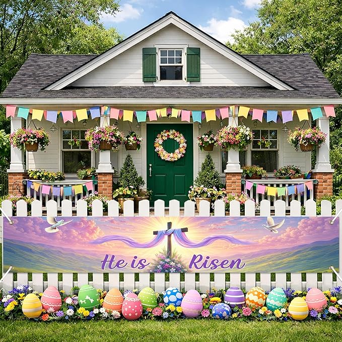 He Is Risen Easter Banner Christian Resurrection Spring Decor 118×20 inch Religious Cross Sunrise Scene Banner for Church Yard Fence Door Wall Indoor Outdoor Easter Display