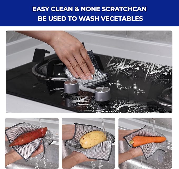 12 PCS 3-Layer Non-Scratch Multipurpose Steel Wire Dishcloths - Reusable Quick-Dry Odor-Free Scrub Cloths for Dishes, Kitchen Cleaning Cloths for Cookware, Sinks, Stove Tops(9.84X9.84)