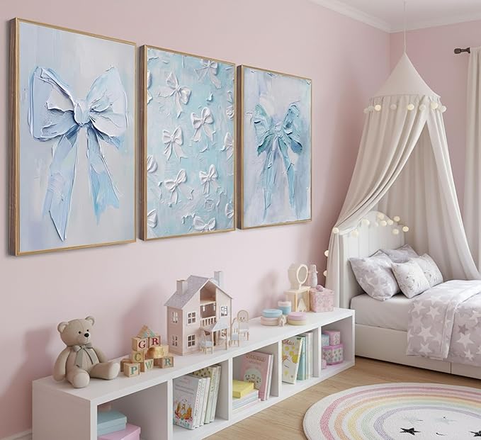 3Pcs Trendy Blue Bow Canvas Wall Art Vintage Cute Preppy Watercolor Bow Painting Pictures Wall Decor Posters Prints Girly Aesthetic for College Apartment Bedroom Decoration Unframed