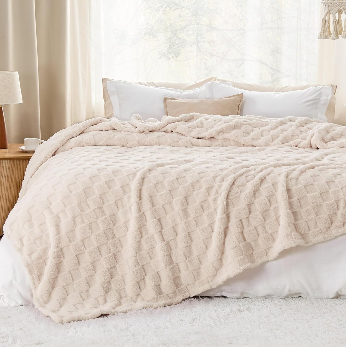 Bedsure GentleSoft Blankets Queen Size for Bed - Super Soft Cozy Blanket for Women Men Girls, Large Fuzzy Fleece Throw for Bedroom Decor, Light Beige, 90x90 Inches