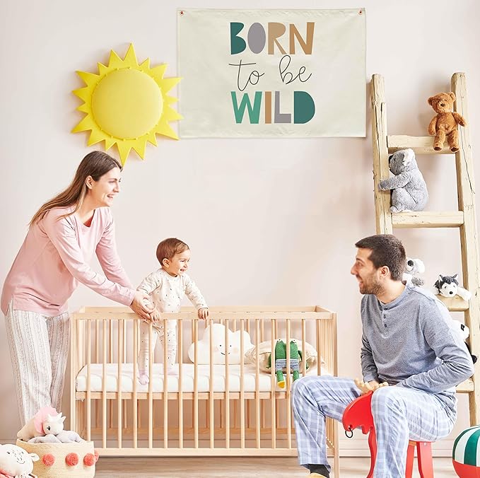 Born To Be Wild Theme Boys Nursery Banner-Rectangular Flag Sign for Baby Boy Kids-Home Bedroom Reading Room Playroom Dorm Decoration-Baby Shower Birthday Christmas Gift-Wild Theme