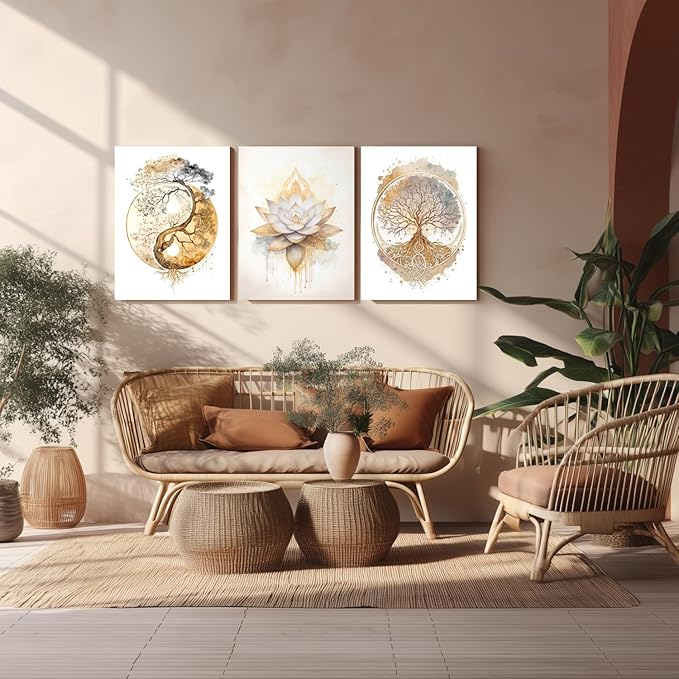 GELDSTEI Tree of Life Wall Art, Calming Zen Wall Decor, Abstract Yin Yang Tree Canvas Painting, Modern Gold Lotus Flower Meditation Poster Print for Living Room Yoga Room Bedroom Framed Set of 3, Each 12x16 Inch