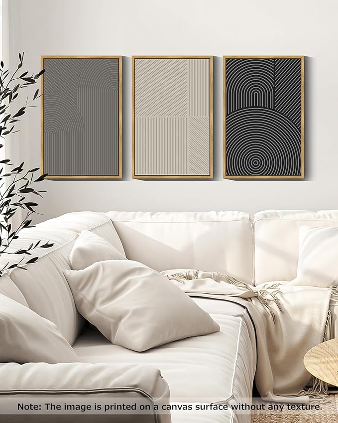 Drsoum Mid-Century Modern Framed Wall Art Large 16x24in Minimalist Abstract Boho Neutral Line Wall Decor Geometric Artwork Kitchen Dining Room Natural Framed