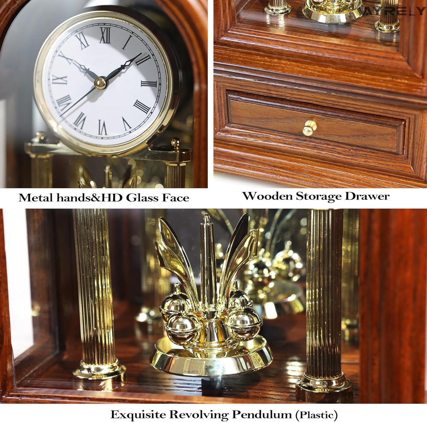 AYRELY® Wooden Table Anniversary Clock, Antique Shelf Clocks, Revolving Pendulum Mantel Clocks, Desk Grandfather Clock for Living Room, Home Decor Gift