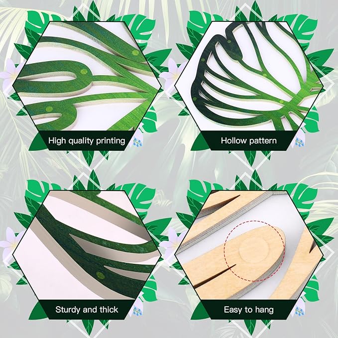 Zzbakress 3 Pcs Wooden Palm Leaves Wall Art Tropical Leaf Wall Art Natural Plant Wall Decor Vintage Wood Hollow Wall Decoration for Living Room Kitchen Bedroom Garden Office (Farmhouse, Leaves-A)