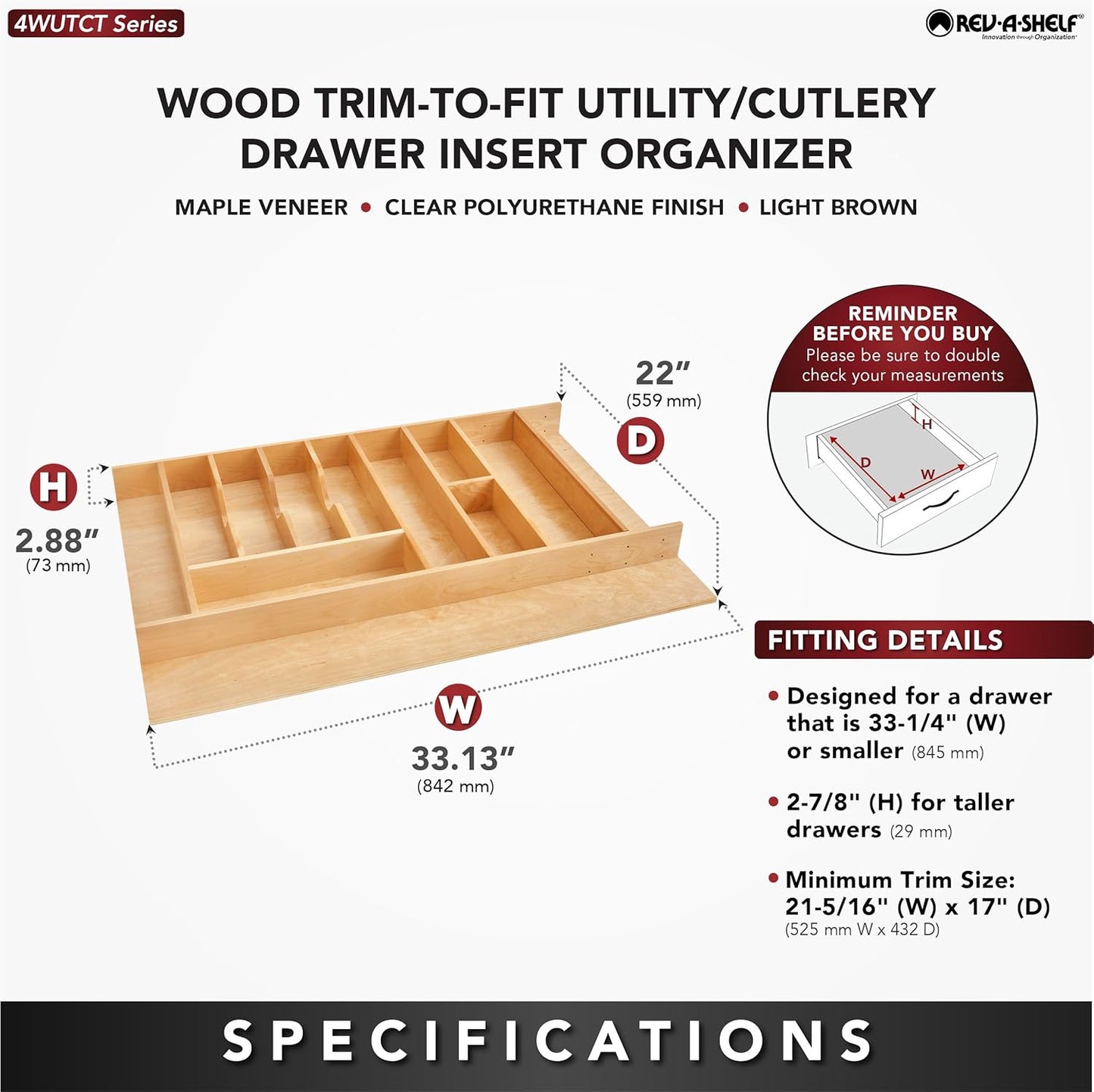 Rev-A-Shelf Trim-to-Fit Silverware Drawer Organizer For Kitchen Utensils, Cutlery Cabinet Storage Divider Insert, 33" x 22", Maple Wood, 4WUTCT-36-1