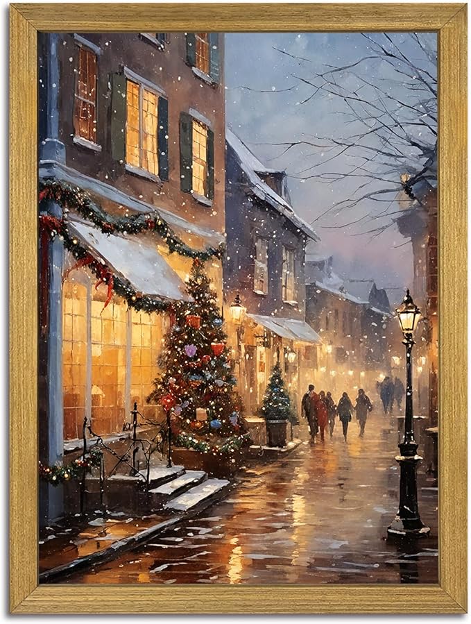 Vintage Christmas Wall Art 16x24 Inch, Wood Framed Winter Snow Street Canvas Print Picture, Rustic Holiday Christmas tree Wall Decor Oil Painting for Living Room Bedroom Kitchen