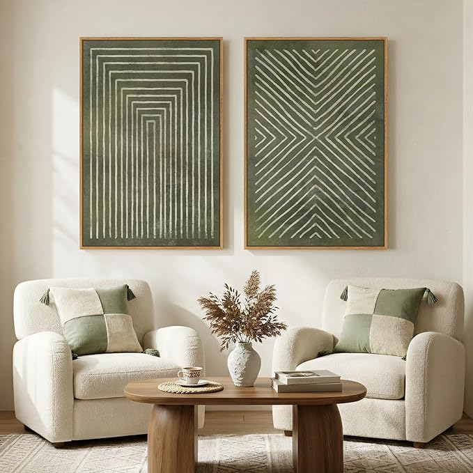 Large Framed Green Abstract Wall Art, 2 Piece Modern Canvas Prints Paintings, Minimalist Sage Green Geometric Pictures for Living Room Dining Room Bedroom Office Hallway Lounge Wall Decor 24x36 In