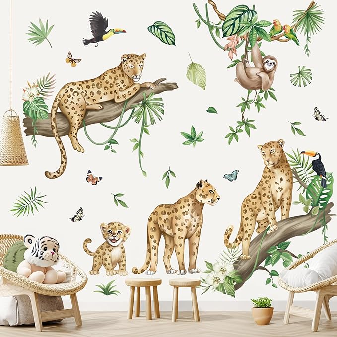wondever Safari Jungle Animal Leopard Wall Stickers Cheetah Tree Branch Sloth Tropical Leaves Peel and Stick Wall Art Decals for Baby Nursery Kids Bedroom Living Room