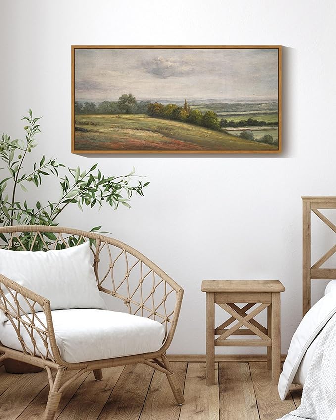 SHENIFY 20x40in Extra Large Vintage Framed Wall Art White Clouds Over Vast Grassland Landscape Painting Retro Meadow Scenery Farmhouse Bedroom Above of Bed Living Room Decor - Natural Framed
