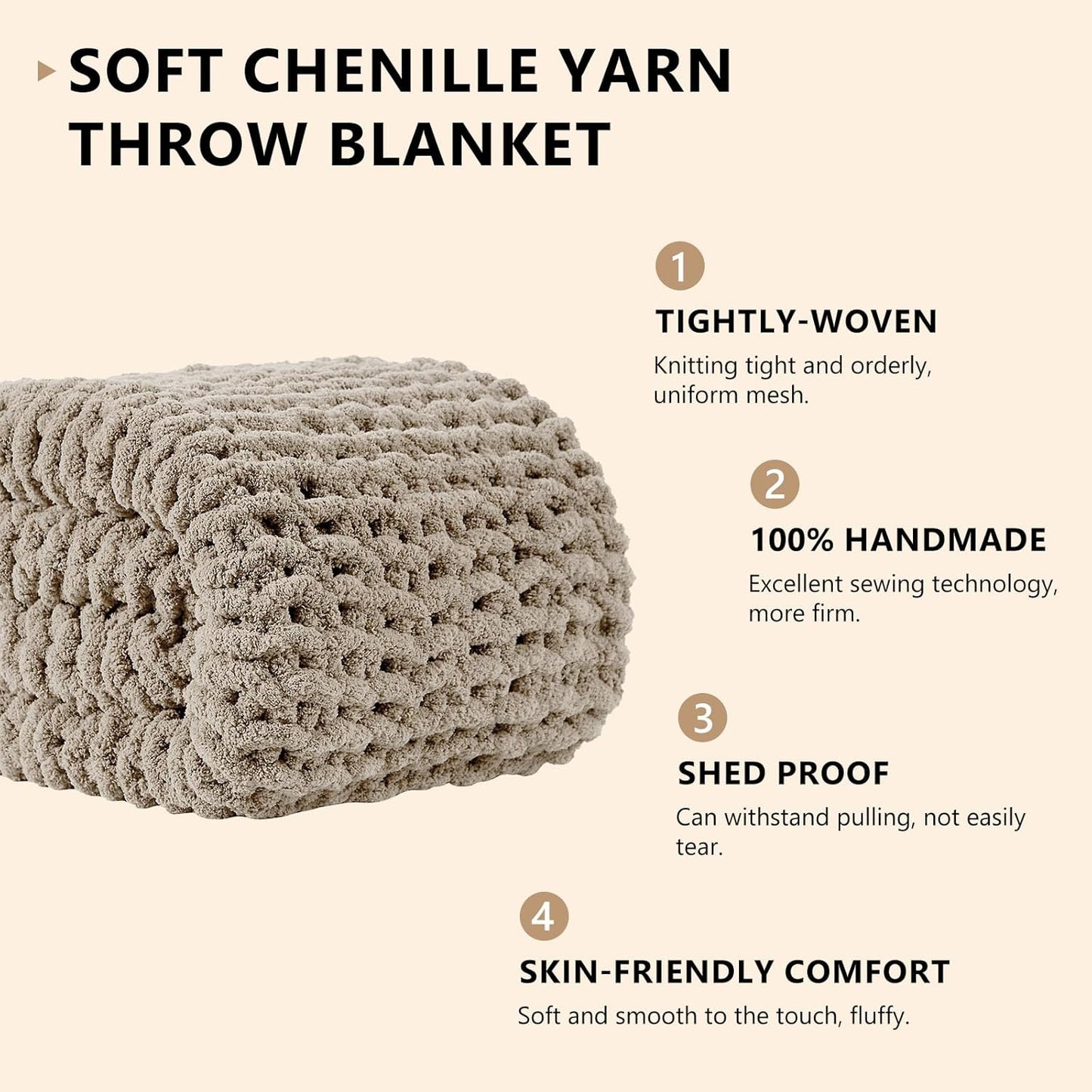 L'AGRATY Chunky Knit Blanket Throw: 60''x80'' Chenille Chunky Knitted Throw Blanket for Bed Couch - Handmade Thick Big Cable Knit Blanket - Large Crochet Rope Blanket for Home Decor(Light Linen)
