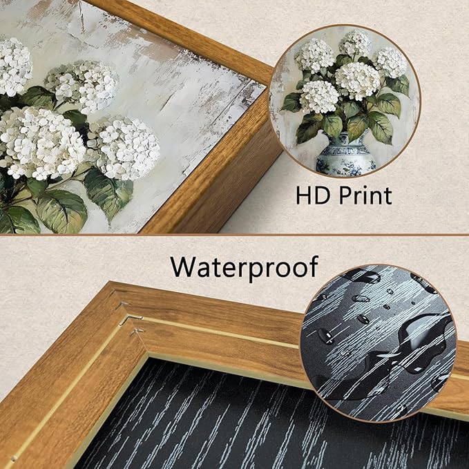 Vintage Chinoiserie Floral Canvas Wall Art White Hydrangea Wall Decor Print Farmhouse Still Life Painting Blue and White Porcelain Picture for home bedroom living room decoration 12x16in frame