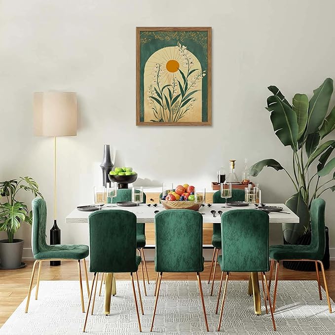 Framed Boho Wall Art, Lily of the Valley Emerald Green Sun Canvas, Mystical Country Botanical Wall Decor, Spiritual Flowers Poster Pictures Print for Bedroom Living Room – 12x16 inch