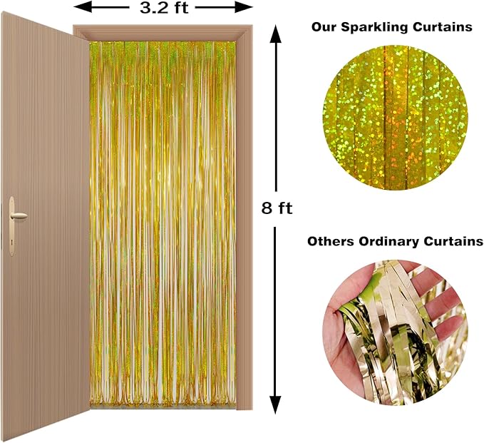 Foil Fringe Curtains st Patricks Day Decorations - Melsan 3 Pack 3.2 x 8.2 ft Gold Tinsel Curtain Party Photo Backdrop for Birthday Party Happy Retirement Baby Shower or Graduation