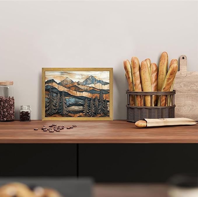 Vintage Boho Mountain Wall Art, Framed Landscape Canvas Wall Art, Nature Forest Wall Decor, Rustic Farmhouse Print Poster Painting for Living Room Bedroom Dining Room 8x10 Inch