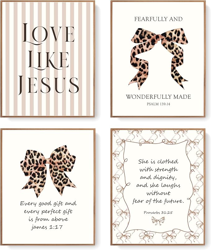 LARTSFRO Coquette Leopard Bow Jesus Wall Art Decor Posters, Y2K Cheetah Leopard Bow Room Bedroom Bathroom Dorm Wall Art Decor Aesthetic for College Teen Girls Gifts, Inspirational Bible Verses Bow Wall Decor, 10x8 Inch Set of 4 Pcs Cheetah Bow Pictures...