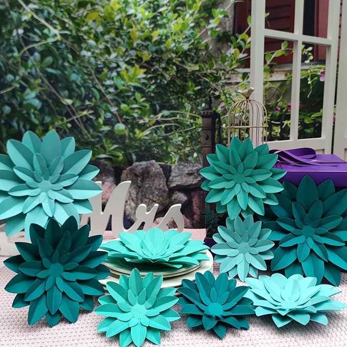 3D Paper Flower for Wall Wedding Backdrop Bridal Shower Party Centerpieces Home Wall Decor Pack of 9 (Turquoise)