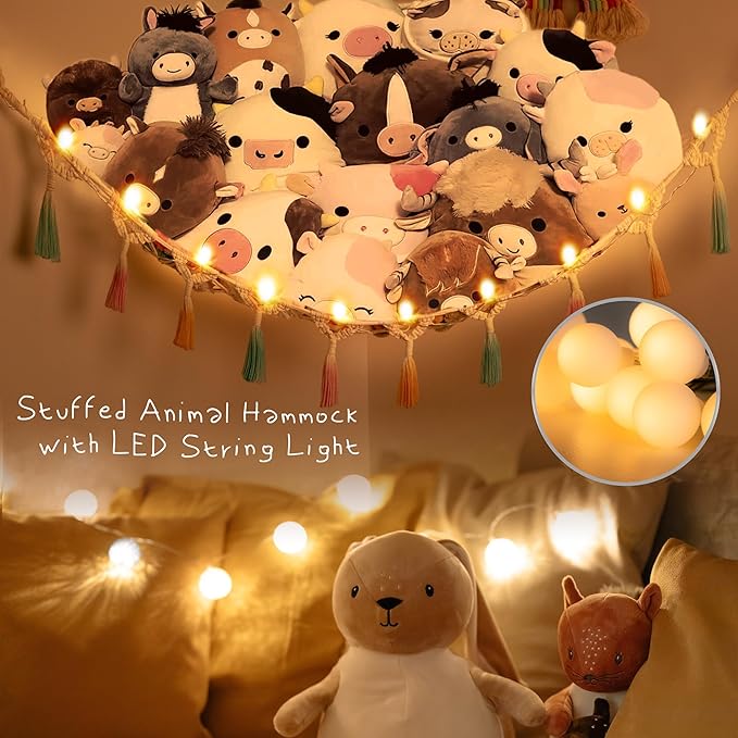 Stuffed Animal Net or Hammock with Light,Yewiwin Macrame Hanging Net Hammock for Stuffed Animal Toy Storage Organizer Boho Decor Room Holder for Nursery Play Room Bedroom (Beige(55"*55"*72"))