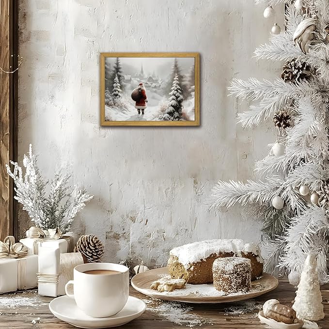 Vintage Christmas Canvas Wall Art, Wood Framed Santa Claus Wall Decor Painting, Rustic Farmhouse Winter Snow Scene Poster Print Picture 8x10 inch, Best Holiday Decor for Living Room Bedroom Home