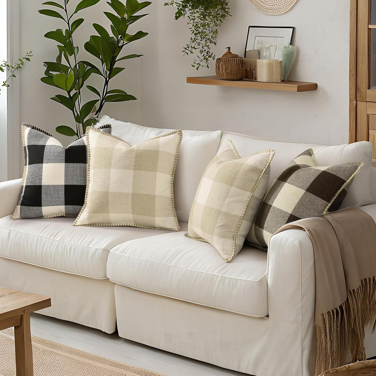 decorUhome Buffalo Plaid Check Throw Pillow Covers 16x16 Set of 2, Outdoor Decorative Farmhouse Neutral Pillow Covers with Stitched Edge for Bed Couch Sofa, Black and White