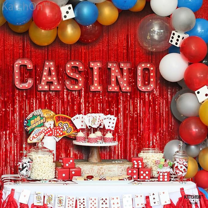 KatchOn, XtraLarge Red Streamers Backdrop - 3.2x8 Feet, Pack of 2 | Red Fringe Backdrop for Graduation Decorations 2026 | Foil Fringe for Birthday, Carnival, Casino Theme Party Decoration