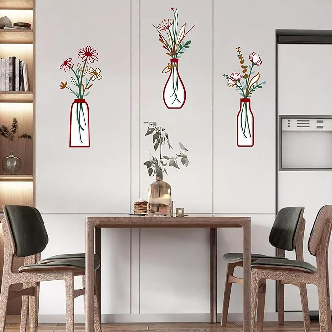 3 Pieces Metal Flowers Wall Arts - Rustic Farmhouse Style Décor Metal Wall Art Black Minimalist Flower Natural Themed Wall Decors for Home Bedroom Dining Room Housewarming (Red)