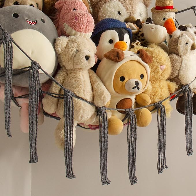 Stuffed Animal Storage Hammock Net - Toy Hammock Net for Stuffed Animals Corner - Hanging Stuff Animal Organizer Holder Large Size Baby Nursery Room Decor-Grey