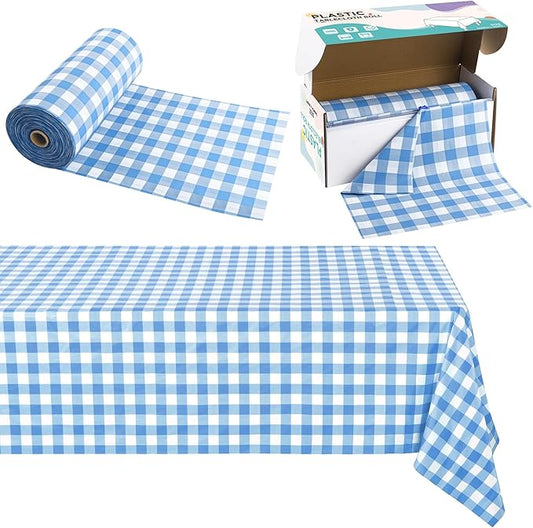 Kochorie 54 Inch x 300 Ft Light Blue Checkered Plastic Table Cloth Roll Disposable Waterproof Table Cover Plastic Table Cover Roll with Easy Slide Cutter for Outdoor Picnic/Home Dining/Spring Party