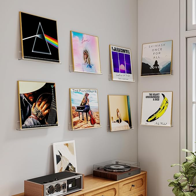 8 Pack Vinyl Record Shelf Wall Mount, 12-Inch Clear Acrylic Album Storage Holder, Floating Display Shelves for Wall Decor, Magazine Shelf, Kids Bookshelf, Suitable for Bedroom, Living Room