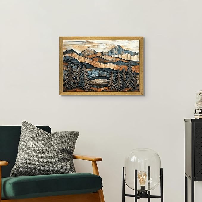 Vintage Boho Mountain Wall Art, Framed Landscape Canvas Wall Art, Nature Forest Wall Decor, Rustic Farmhouse Print Poster Painting for Living Room Bedroom Dining Room 12x16 Inch
