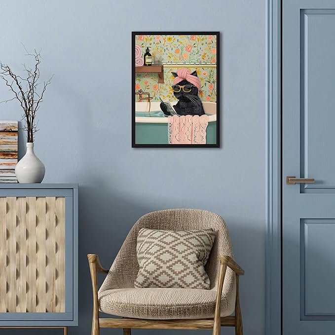 Floating Framed Bathroom Cat Canvas Wall Art, Funny Black Cat Reading Wall Decor, Cute Animal Prints Pictures Posters for Living Room Bedroom Toilet Kids Room Paintings 16x24 inch