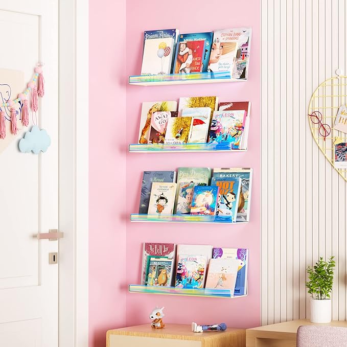 upsimples Acrylic Shelves for Wall Decor, 15" Display Shelf for Perfume, Skincare, Nail Polish, Wall Organizer for Bathroom, Bedroom, Living Room, Playroom, Kids Bookshelf, Iridescent, 4 Pack