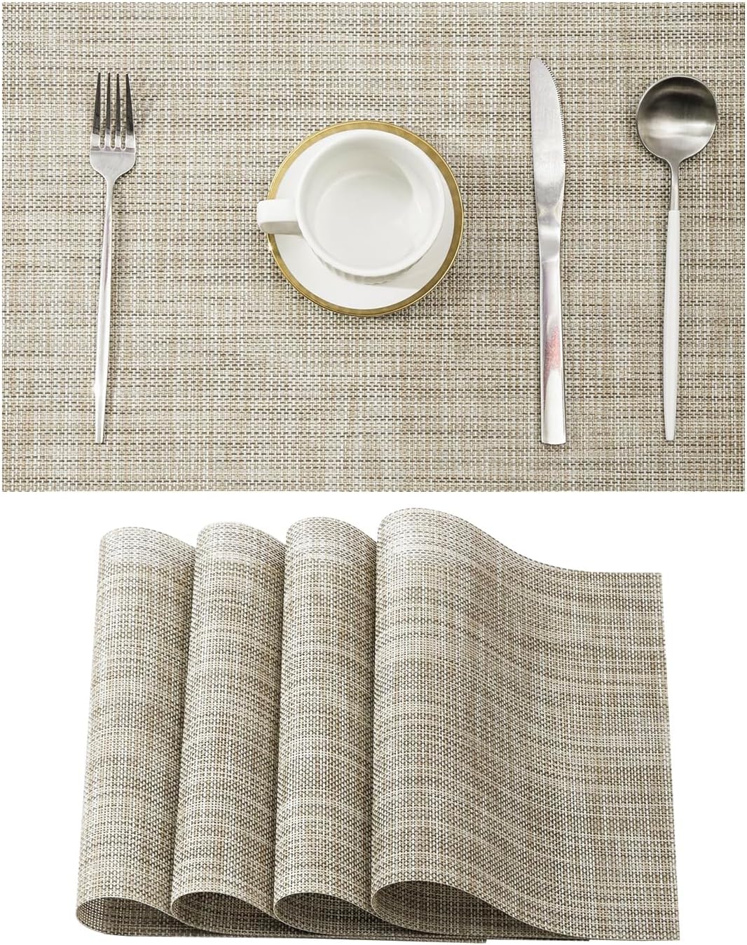 Leetaltree Linen Yellow Placemats Set of 4 - Heat Resistant Non-Slip Place mats for Dining Table, Washable Durable PVC Vinyl Woven Table Mats（Linen Yellow, 4）
