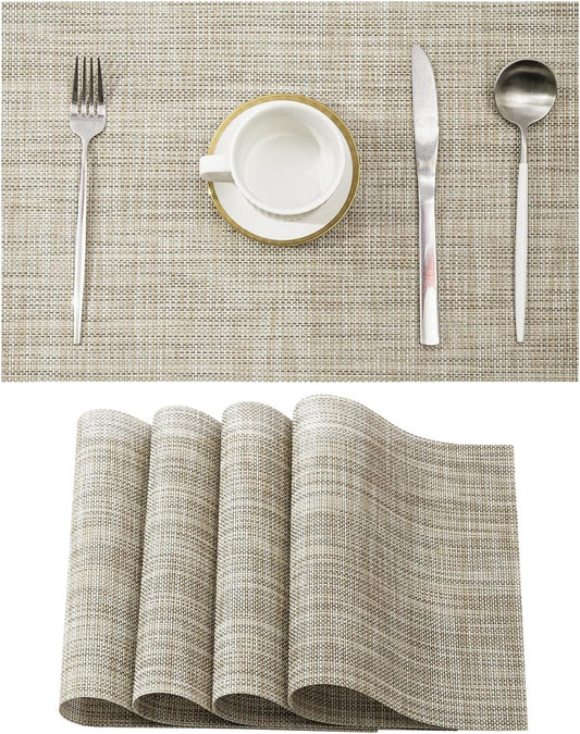 Leetaltree Linen Yellow Placemats Set of 4 - Heat Resistant Non-Slip Place mats for Dining Table, Washable Durable PVC Vinyl Woven Table Mats（Linen Yellow, 4）