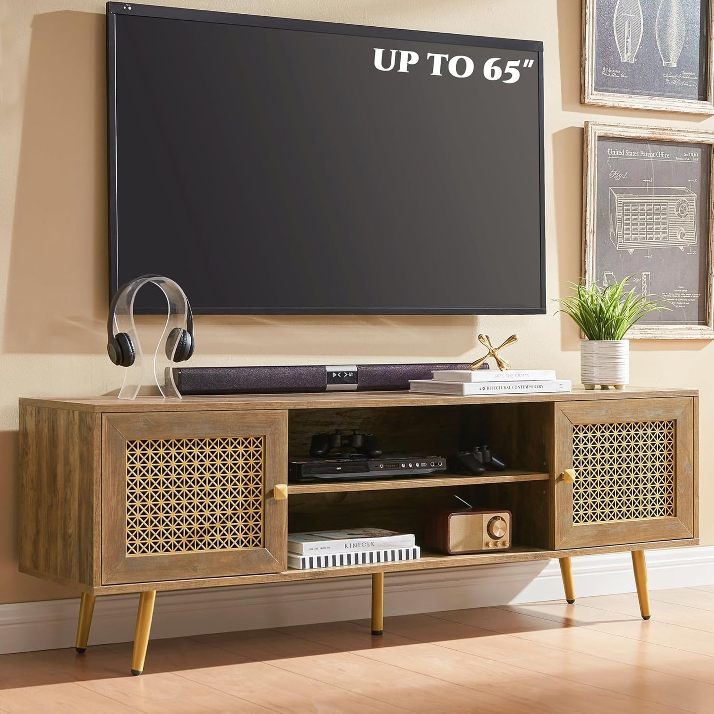 Mid Century Modern TV Stand with Metal Mesh Doors and Open Shelf for Tvs up to 65" Boho Media Console Entertainment Center with Cable Holes for Living Room Rustic Oak 59.06"x15.55"x20.87"