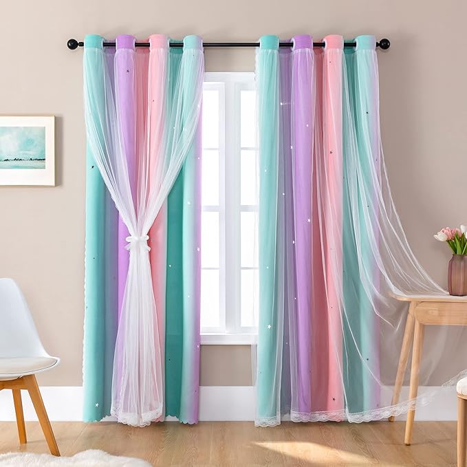 XiDi Pink Green Curtains 108 Inches Long, Unicorn Wall Decals for Kids Rooms, Purple Curtains for Toddler Bedroom, Wall Decals for Girls Dedroom Curtain 52 Inches Wide 1 Panel